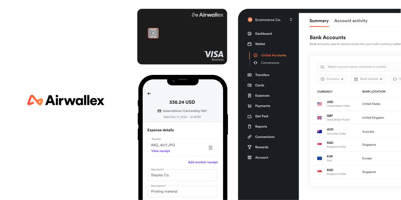 Giao diện Airwallex minh họa Global Accounts, thẻ doanh nghiệp và quản lý chi phí