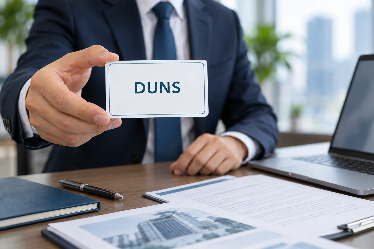 Người làm việc trong văn phòng cầm thẻ minh họa mã DUNS của doanh nghiệp