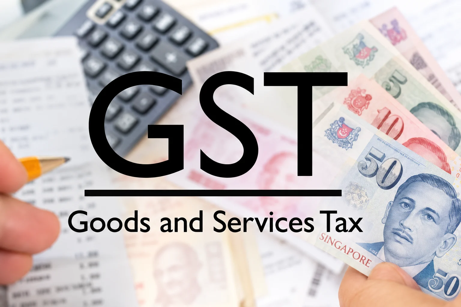 Chữ GST và Goods and Services Tax trên nền máy tính, chứng từ và tiền Singapore.