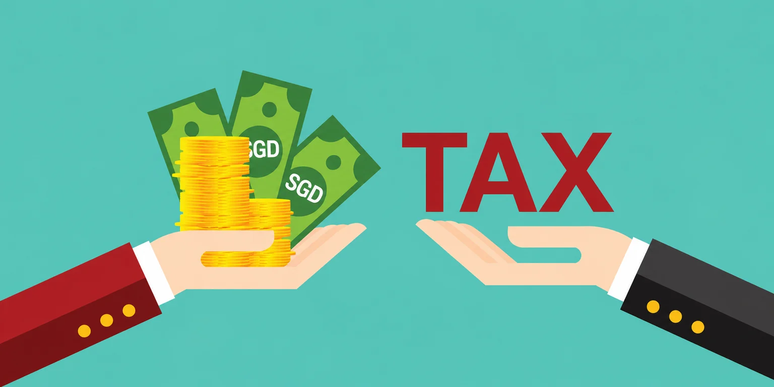 Minh họa tiền SGD, tiền xu và chữ TAX trên hai bàn tay.