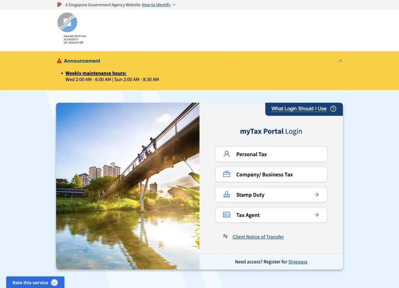 Trang đăng nhập myTax Portal của IRAS với nút Personal Tax.