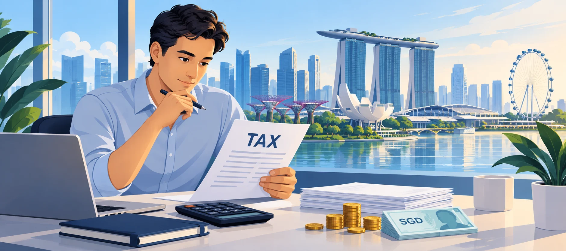 Minh họa người lao động xem hồ sơ thuế cá nhân trước khung cảnh Singapore.