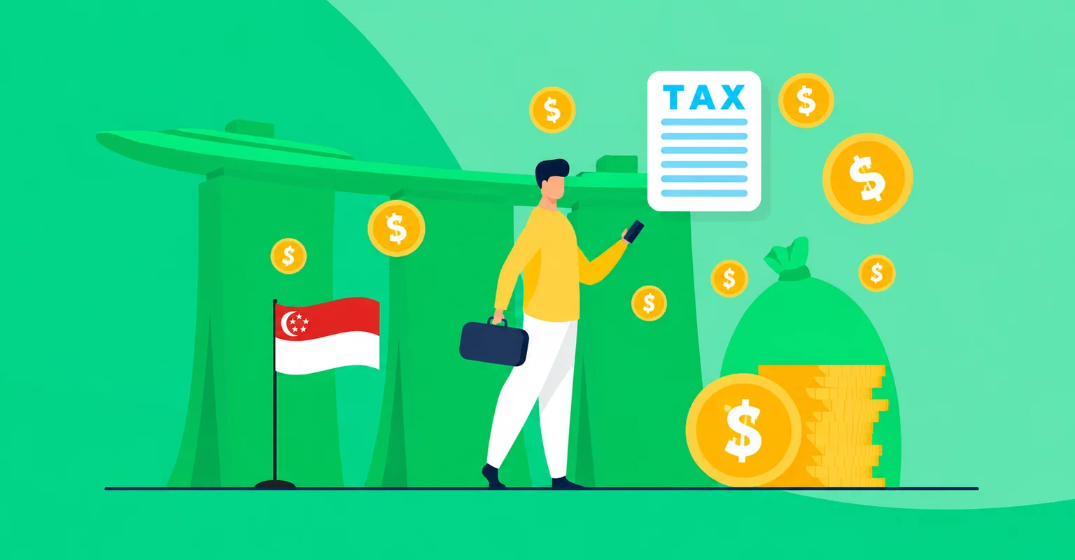 Minh họa thuế Singapore với quốc kỳ, người làm kinh doanh, chứng từ TAX và các đồng tiền.