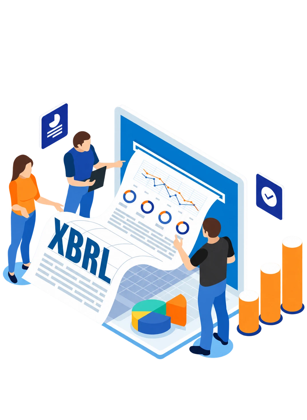 Nhóm làm việc phân tích báo cáo XBRL và biểu đồ trên màn hình