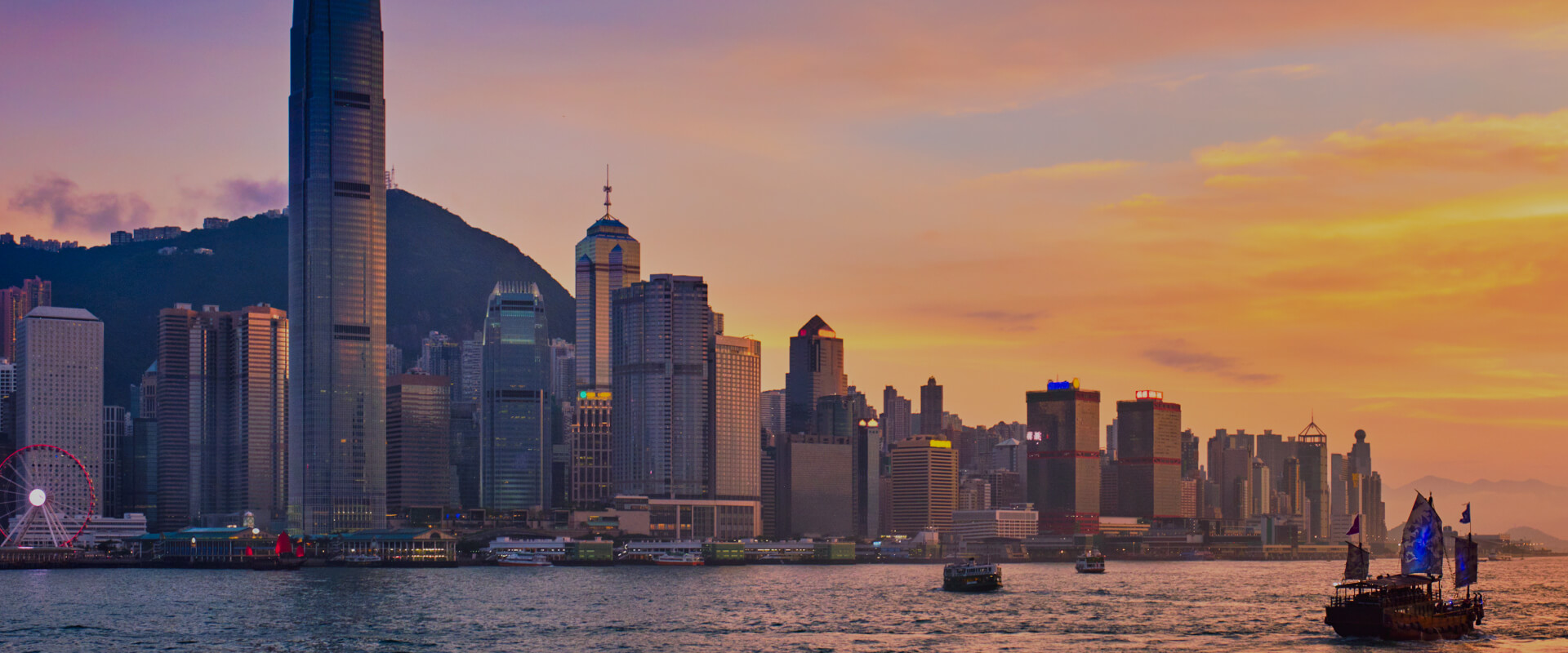 Victoria Harbour and Hong Kong's financial district at sunset