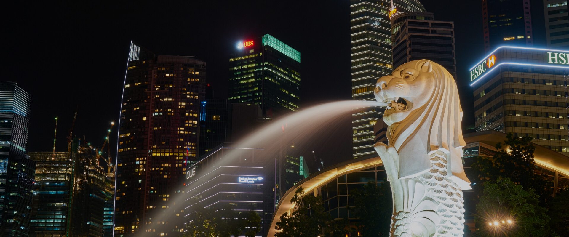 The Merlion and Singapore's financial district at night