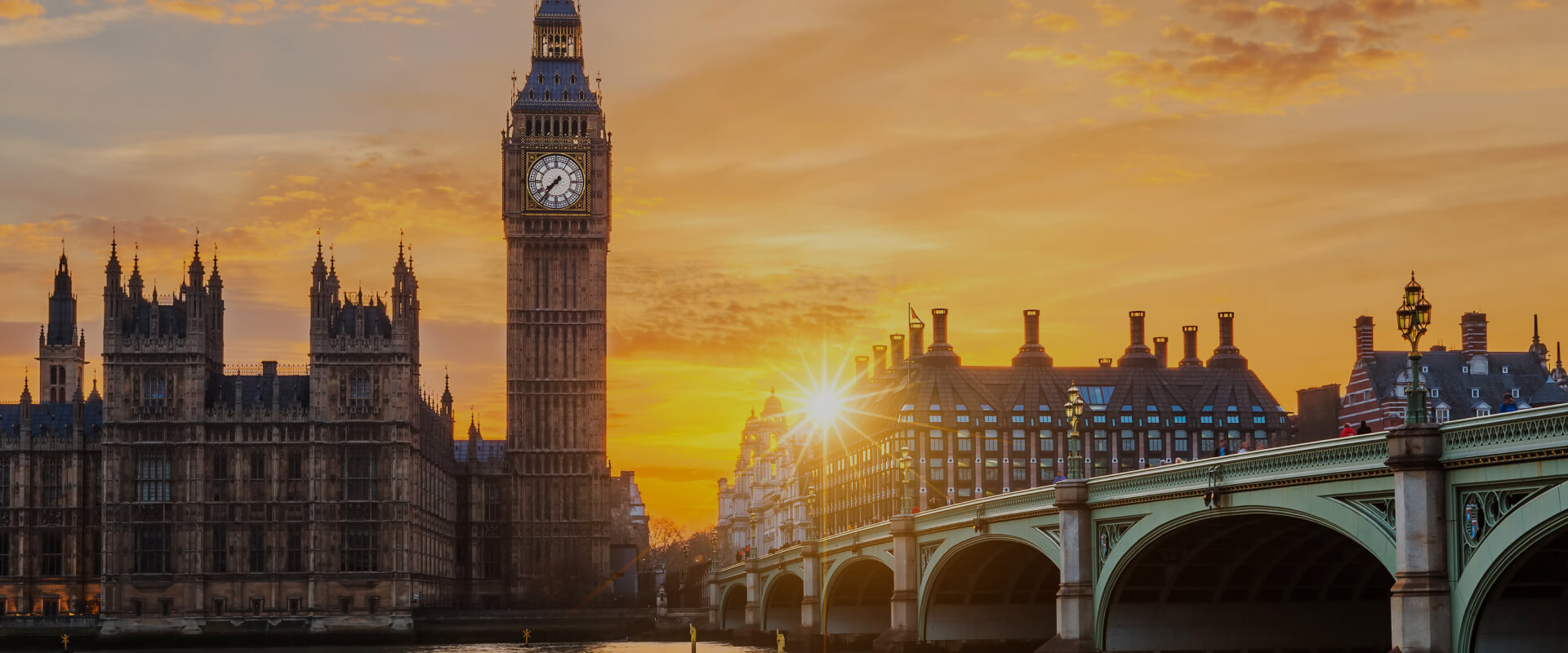 Big Ben, the Houses of Parliament, and Westminster Bridge at sunset