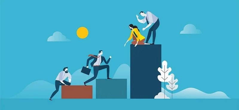 Minh họa các thành viên hỗ trợ nhau bước lên những bậc cao hơn