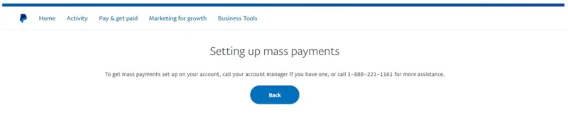 Giao diện PayPal cũ hiển thị thông báo Setting up mass payments