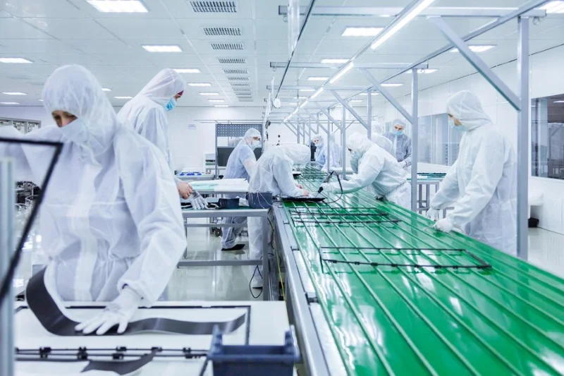 Nhân viên mặc đồ bảo hộ làm việc tại dây chuyền sản xuất.