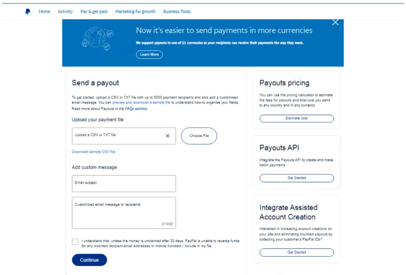 Giao diện PayPal cũ với biểu mẫu Send a payout và nút chọn file