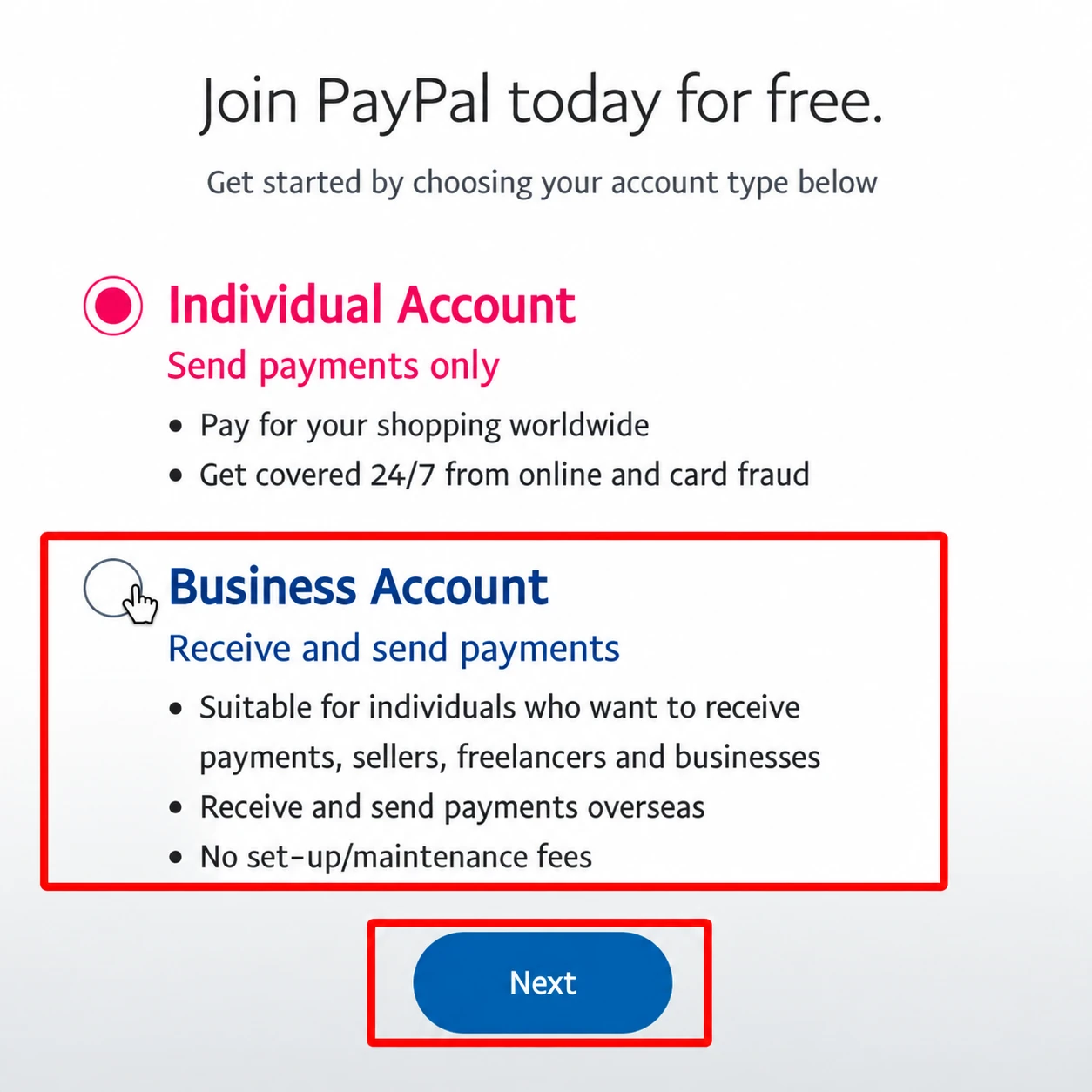 Màn hình chọn Business Account trong quy trình cũ
